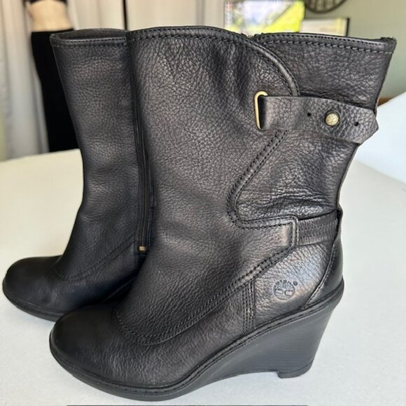 Timberland Stratham Height Mid wedge Black Leather boots, size 9.5W - Picture 4 of 10